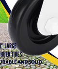 Close-up of 4.3-inch rubber tire from Spring Loaded Gate Caster Kit For Wooden And PVC Fences, showing durable black wheel and white base.