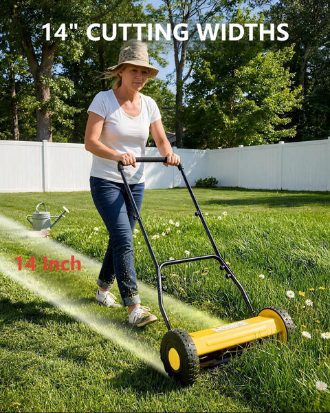 14 Inch Hand Push Reel Lawn Mower With 5 Blade Reel For Precision Scissor Like Cut, Easy To Use Manual Reel Mower With Adjustable Cutting Height 0.4 To 4 Inches, Fits 14 Or 16 Inch Yard Width For Small Yards.