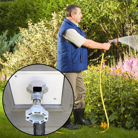 Man watering garden with image of Two Pack Vacuum Breaker Repair Kit For Outside Faucets, Stainless Steel Anti Siphon Frost Free Sillcock Valves Replacement, With Cap, Plunger And O Ring Seal inset