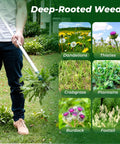 Person using Stand Up Weed Puller With 39 Inch Handle 3 Claw Garden Weeder Long Reach Root Pulling Tool For Dandelions No Bend Weeding Handheld Grabber For Easy Weed Removal in a garden with weeds shown.