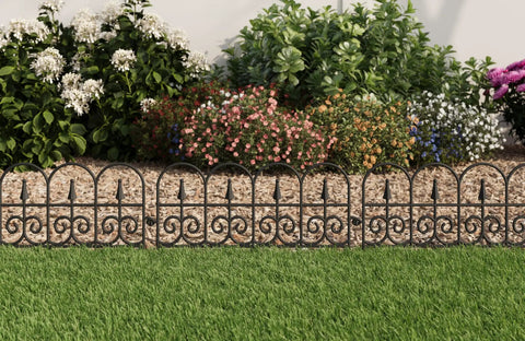Go-To Classic Wrought-Iron Style Garden Border Fence Kit in black, easy install around flower bed, decorative iron texture