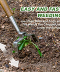 58 Inch Long Reach Stainless Steel Scuffle Hoe For Standing Weeding In Push Pull Motion Stirrup Style With Comfortable Wood Long Handle, shown weeding soil.