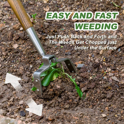 58 Inch Long Reach Stainless Steel Scuffle Hoe For Standing Weeding In Push Pull Motion Stirrup Style With Comfortable Wood Long Handle, shown weeding soil.