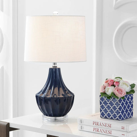 Navy Blue Ceramic Table Lamp 24.5 Inch For Bedroom And Living Room with white linen shade on a modern desk, fluted gourd base