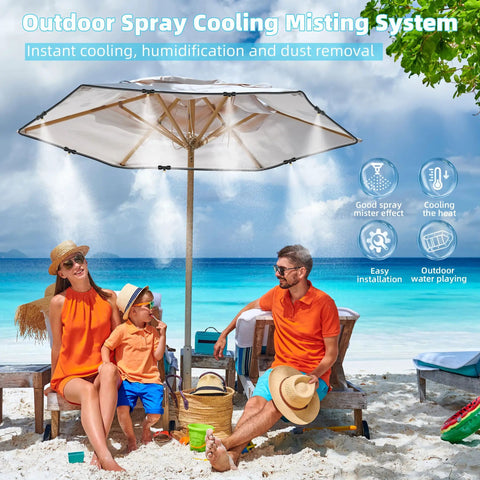 Family enjoying Outdoor Misting System for Patio and Garden Beat the Heat With 50 Ft Cooling Mist Kit under beach umbrella