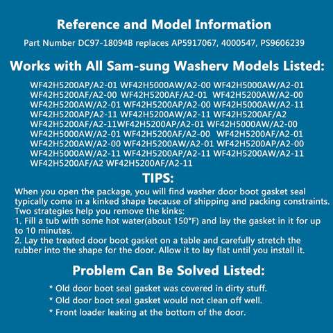 Washer Door Boot Seal Replacement For Samsung Front Load Washers DC97-18094B Compatibility Guide
