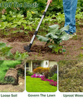 Person using Long Handle 2 In 1 Weed Puller Tool With Garden Hoe And Weed Rake for cutting roots in garden