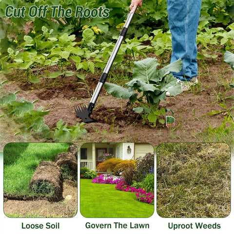 Person using Long Handle 2 In 1 Weed Puller Tool With Garden Hoe And Weed Rake for cutting roots in garden
