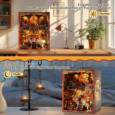 Day and night views of Dinosaur Museum 3D Wooden Puzzle with LED Lights, displayed on a bookshelf with ambient lighting.