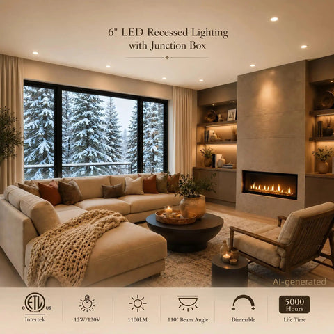 LOG BARN 6 Inch LED Recessed Lighting with Junction Box in a cozy living room setting, illuminating a modern, stylish space.