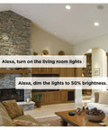 Interior with dimmed BR30 Dimmable Smart Flood Light Bulb, 650 Lumens, 9W, Soft White 2700K, Zigbee Hub Required lit above living room.