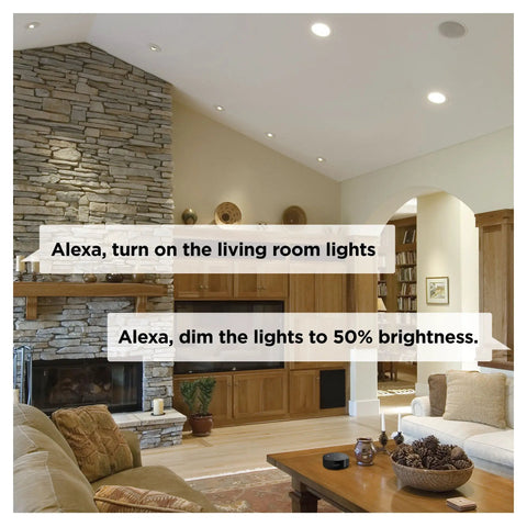 Interior with dimmed BR30 Dimmable Smart Flood Light Bulb, 650 Lumens, 9W, Soft White 2700K, Zigbee Hub Required lit above living room.