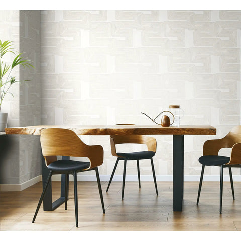 Dining room with Nikki Chu Zulu Signature Peel And Stick Vinyl Wallpaper Roll as wall covering, wooden table and chairs