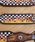 Custom Western Leather Headstall And Breast Collar Tack Set Showcasing Fire Painted Finish with checkered pattern and leaf carving.
