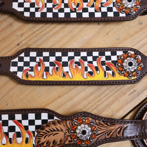 Custom Western Leather Headstall And Breast Collar Tack Set Showcasing Fire Painted Finish with checkered pattern and leaf carving.