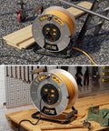 Heavy Duty 100 Foot Metal Cord Reel On The Job With Retractable Extension Lead, Winding Handle, 4 Grounded Outlets, 15 Amp, 12 AWG Cable, Safety Overload Circuit Breaker And Power Switch
