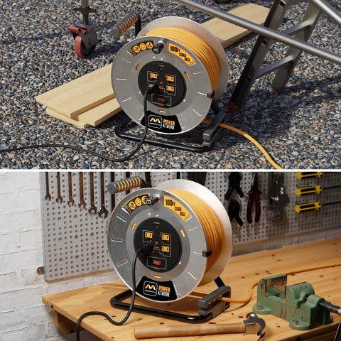 Heavy Duty 100 Foot Metal Cord Reel On The Job With Retractable Extension Lead, Winding Handle, 4 Grounded Outlets, 15 Amp, 12 AWG Cable, Safety Overload Circuit Breaker And Power Switch