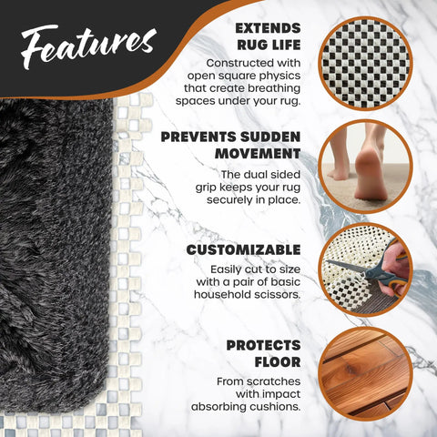 Infographic showing features of Non Slip Rug Pad Roll 2 Ft By 60 Ft for Runners, highlighting grip, cutability, and floor protection.