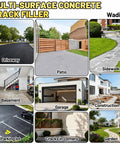 Various surfaces like driveway, patio, sidewalk, and garage shown for 2.65 Lb High Elasticity Self Leveling Concrete Crack Filler For Driveways, Walkways And Patios, DIY Friendly Waterproof Quick Drying Cement Sealant For Slab Repair Outdoor Joints Indoor Use Gray usage examples.