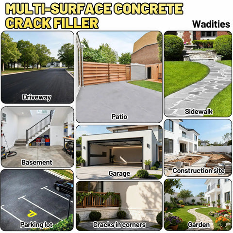 Various surfaces like driveway, patio, sidewalk, and garage shown for 2.65 Lb High Elasticity Self Leveling Concrete Crack Filler For Driveways, Walkways And Patios, DIY Friendly Waterproof Quick Drying Cement Sealant For Slab Repair Outdoor Joints Indoor Use Gray usage examples.