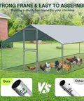 Spacious Outdoor Metal Chicken Coop Run With Waterproof UV Cover Double Lockable Doors For 10 To 30 Chickens Ducks Or Rabbits 9.8 By 7 By 7 Feet Backyard Poultry Enclosure shown in backyard with mesh and roof