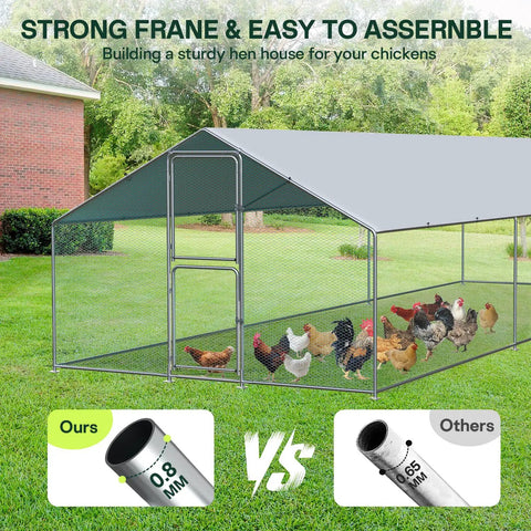 Spacious Outdoor Metal Chicken Coop Run With Waterproof UV Cover Double Lockable Doors For 10 To 30 Chickens Ducks Or Rabbits 9.8 By 7 By 7 Feet Backyard Poultry Enclosure shown in backyard with mesh and roof