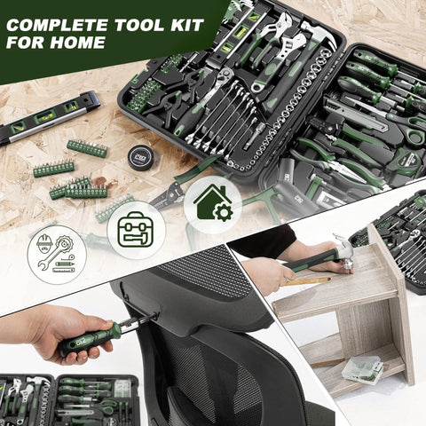 259 Piece Home And Car Tool Kit With Portable Plastic Storage Toolbox, heavy duty chrome vanadium hand tools shown in use