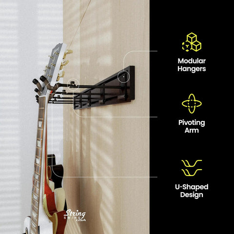 Side view of Guitar Wall Rack For Acoustic And Electric Guitars With Five Padded Arm Hangers And Adjustable Hangers Dual 24 Inch Slatwall Rails Black Wall Mount Organizer Made In USA mounted on a wall holding guitars.