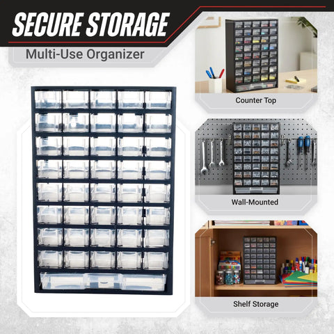 Front view of 41 Drawer Plastic Tool Organizer Storage Bin With Drawers For Hardware Craft Beads Toys Nuts And Bolts Garage Workshop Home Organization Must Have Durable Plastic Construction With Sturdy Stackable Trays And Easy Drawer Access.