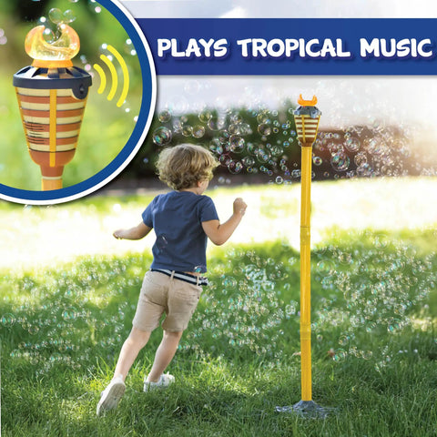 Child playing with 4 Feet Tall Bubble Machine With Lights And Music For Outdoor Parties in a garden setting