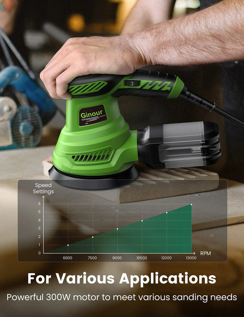 Powerful Pro Grade 300W Random Orbital Sander With Six Variable Speeds 6000 To 13000 RPM Electric Palm Sander in use on wood