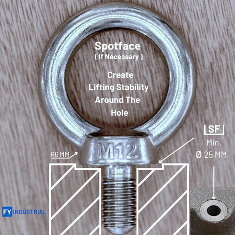 Close-up of M12 stainless steel lifting eye bolt showing spotface details for heavy duty hoisting and rigging.