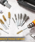 12 Piece Bore Brush Set For Drill With Stainless Steel And Brass Brushes, One Quarter Inch Hex Shanks displayed with a drill