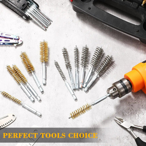 12 Piece Bore Brush Set For Drill With Stainless Steel And Brass Brushes, One Quarter Inch Hex Shanks displayed with a drill