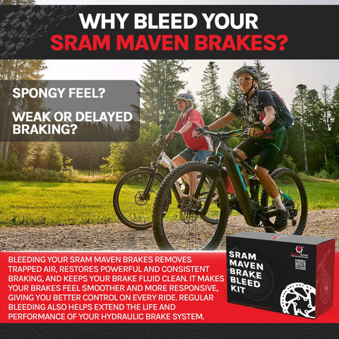 Two cyclists using SRAM Maven Pro Grade Hydraulic Brake Bleed Kit, with product box shown, highlighting braking benefits.