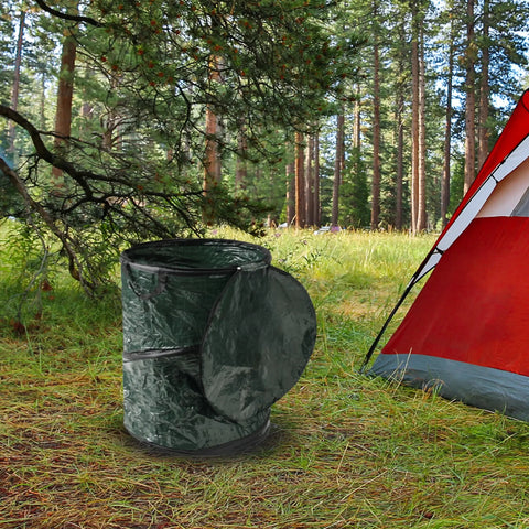 Pop Up 29.5 Gallon Outdoor Trash Can Collapsible for Parties, Yard Work, Camping, or Laundry next to a red tent in a forest