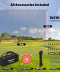 10x15 ft Heavy-Duty Golf Practice Net for Backyard or Garage with accessories including tote bag, target cloth, ropes, clips