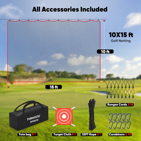 10x15 ft Heavy-Duty Golf Practice Net for Backyard or Garage with accessories including tote bag, target cloth, ropes, clips