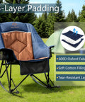 Big And Tall Rocking Camping Chair With 400 Lb Capacity in navy, featuring padded high back and cup holders, on grassy lawn.