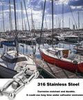 Double Shackle Swivel For Boat Set In Four Sizes One Quarter Inch Five Sixteenth Inch Three Eighth Inch One Half Inch Marine Grade 316 Stainless Steel Jaw To Jaw Anchor Chain Connector 2 Pack shown with marina backdrop