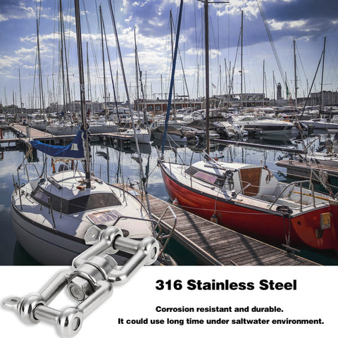 Double Shackle Swivel For Boat Set In Four Sizes One Quarter Inch Five Sixteenth Inch Three Eighth Inch One Half Inch Marine Grade 316 Stainless Steel Jaw To Jaw Anchor Chain Connector 2 Pack shown with marina backdrop