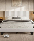 Full Size Bed Frame With Headboard White Upholstered Velvet Platform Bed Built Like A Tank With Solid Wood Slats Rock Solid Support No Box Spring Required No Fuss Setup For Modern Spaces in a stylish bedroom.
