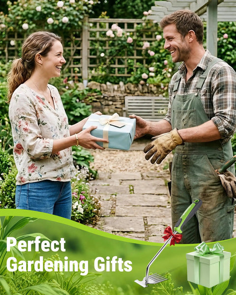 A person gifting a package labeled 'Perfect Gardening Gifts' next to a 15 Inch Weed Puller Tool With 6 Tine Deep Root Remover.