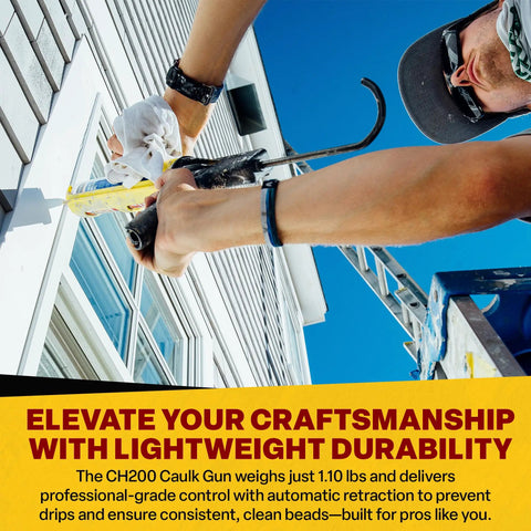 Person using Hex Rod Caulk Gun For 10 Oz Sealant And Adhesive Cartridges, Quiet Squeeze DripFree Tool With Cradle Frame outdoors.