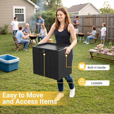 Woman carrying an Outdoor 31 Gallon Storage Box With Lid For Patio Furniture Garden Tools Pool Supplies Waterproof UV Resistant Lockable Weatherproof Durable Resin Perfect Backyard Organizer To Keep Your Yard Clean And Clutter Free in yard
