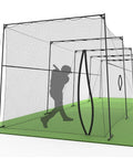 40 Ft Baseball Softball Batting Cage With Black Steel Frame And 60 Ply Net, Perfect Backyard Practice Setup With A 7 Ft Entrance Door And A 4 Ft Pitching Machine Hole, Built Tough For Home Or Facility Training setup with silhouette of batter inside.