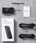 Two In Four Out USB 3.0 Switcher For Two Computers With Four Shared USB Ports, one button, two cables, package contents displayed