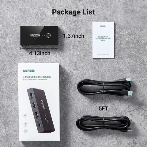 Two In Four Out USB 3.0 Switcher For Two Computers With Four Shared USB Ports, one button, two cables, package contents displayed