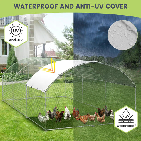 Large Walk In Metal Chicken Coop With Waterproof And UV Resistant Cover For Outdoor Backyard Or Farm Use, Heavy Duty Galvanized Frame
