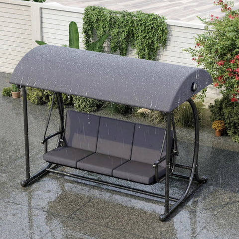Modern Outdoor Patio Swing With Adjustable Canopy, 2 In 1 Porch Swing Bed With Removable Cushion, Outdoor Swing Bench With Stand, Three-Person Yard Swing, Easy Assembly, Gray in garden under rain.